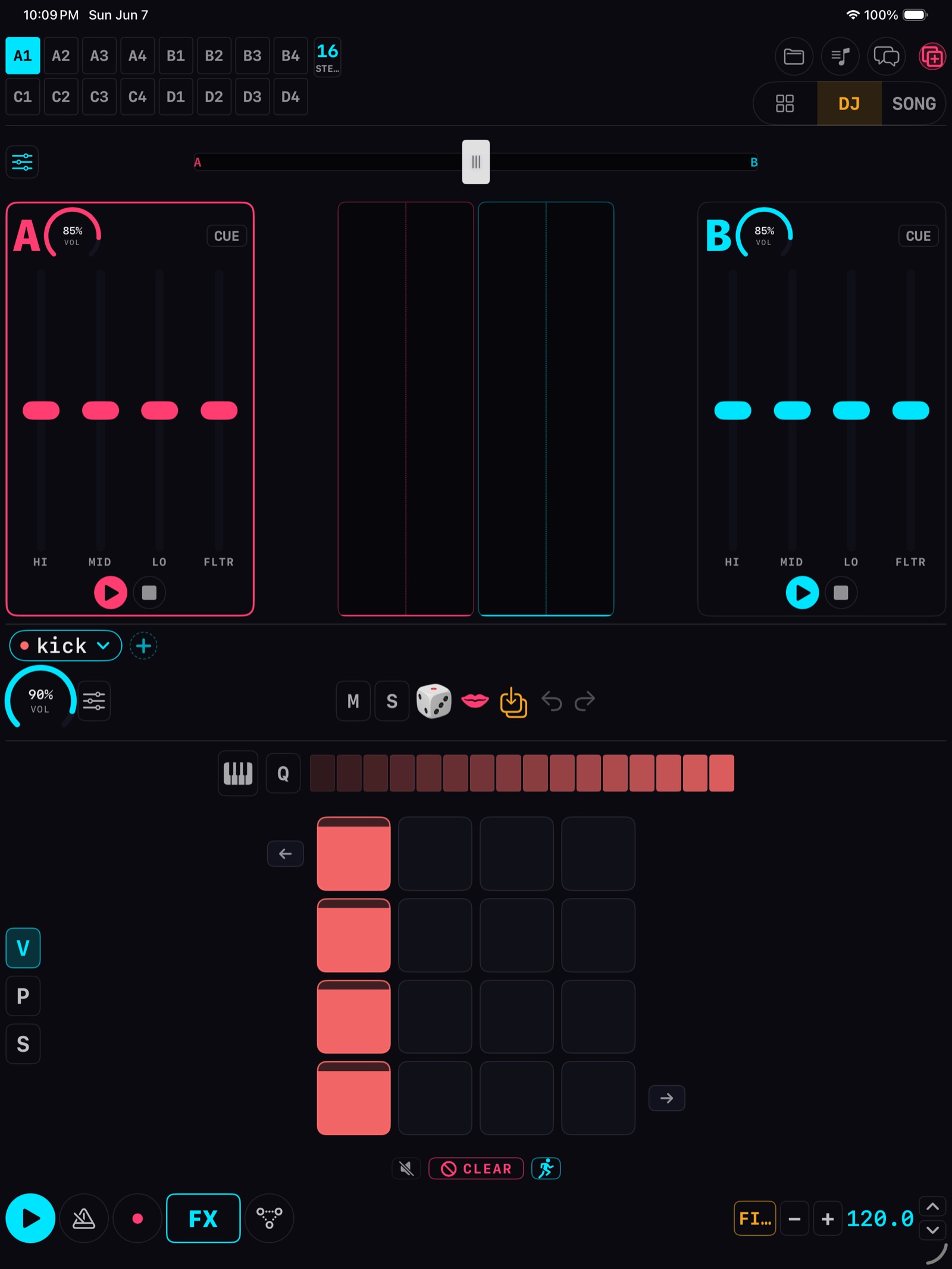 Sonyk on iPad: the step grid, instrument knobs and DJ decks